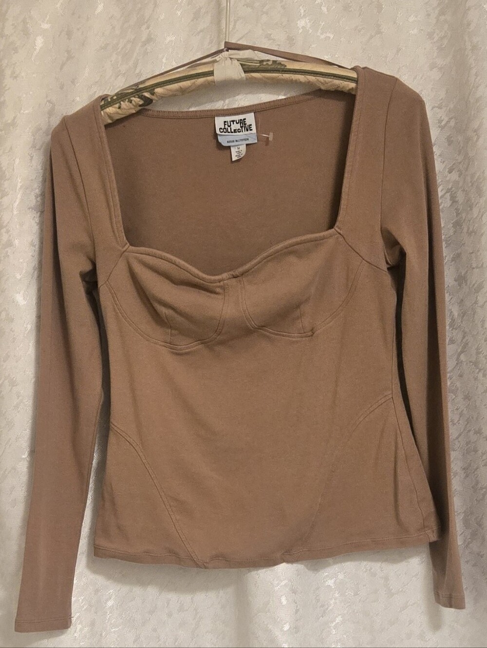 Future Collective Long-Sleeve Sculpted Sweetheart Top in Camel